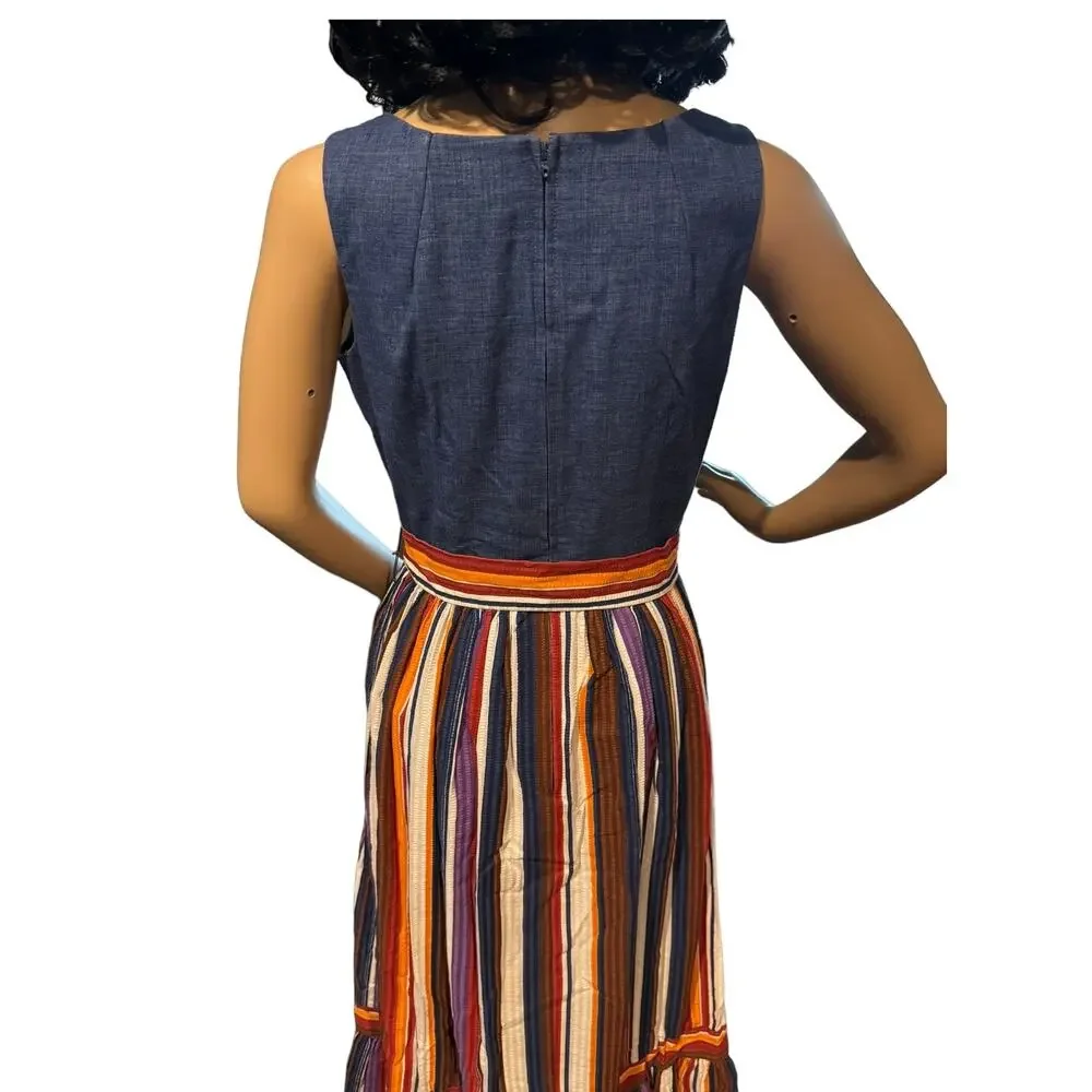 Vintage 1970s PLW Denim & Striped Prairie Midi Dress Boho Belted